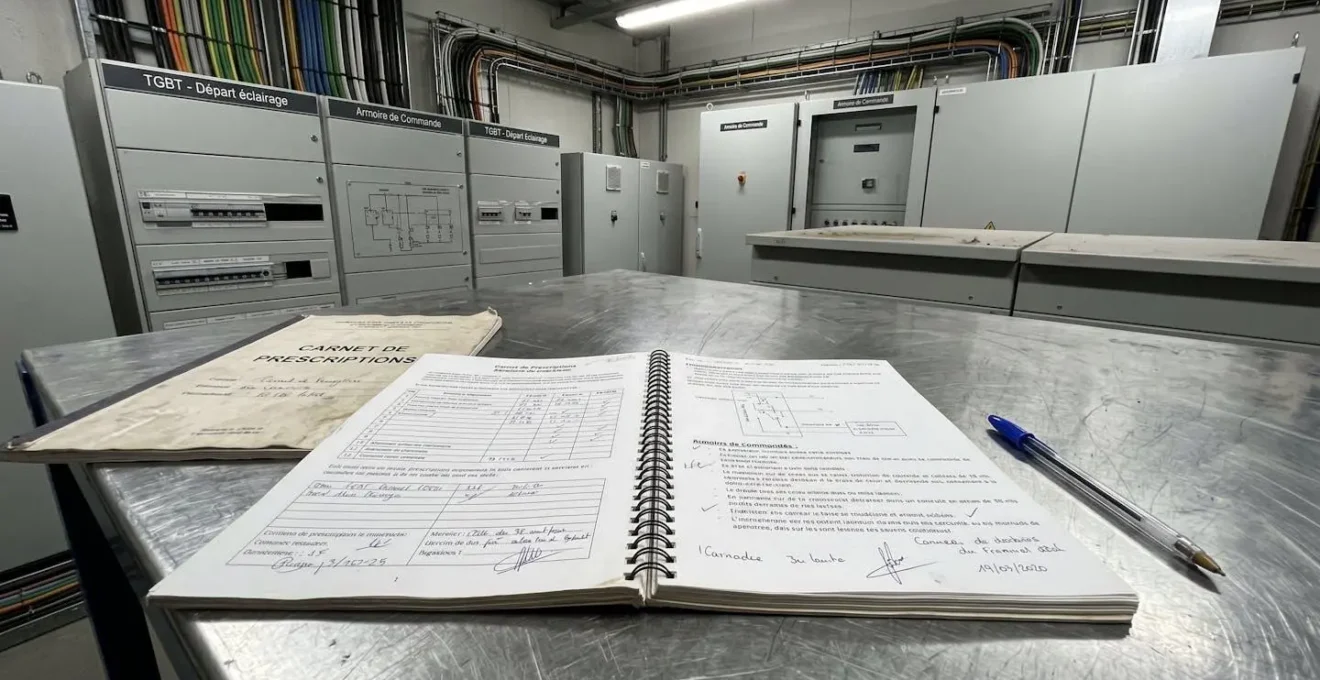 Vue grand angle d'un atelier industriel contemporain avec armoires électriques et panneaux de sécurité visibles, espace de travail lumineux et organisé sans présence humaine