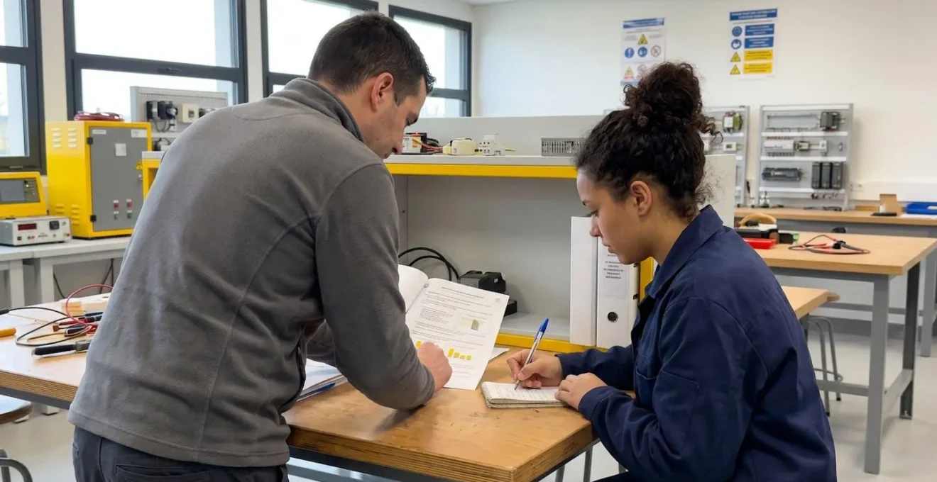 Un formateur de profil présente un document officiel d'habilitation électrique à un stagiaire assis à une table de formation moderne