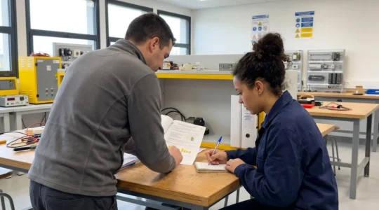 Un formateur de profil présente un document officiel d'habilitation électrique à un stagiaire assis à une table de formation moderne