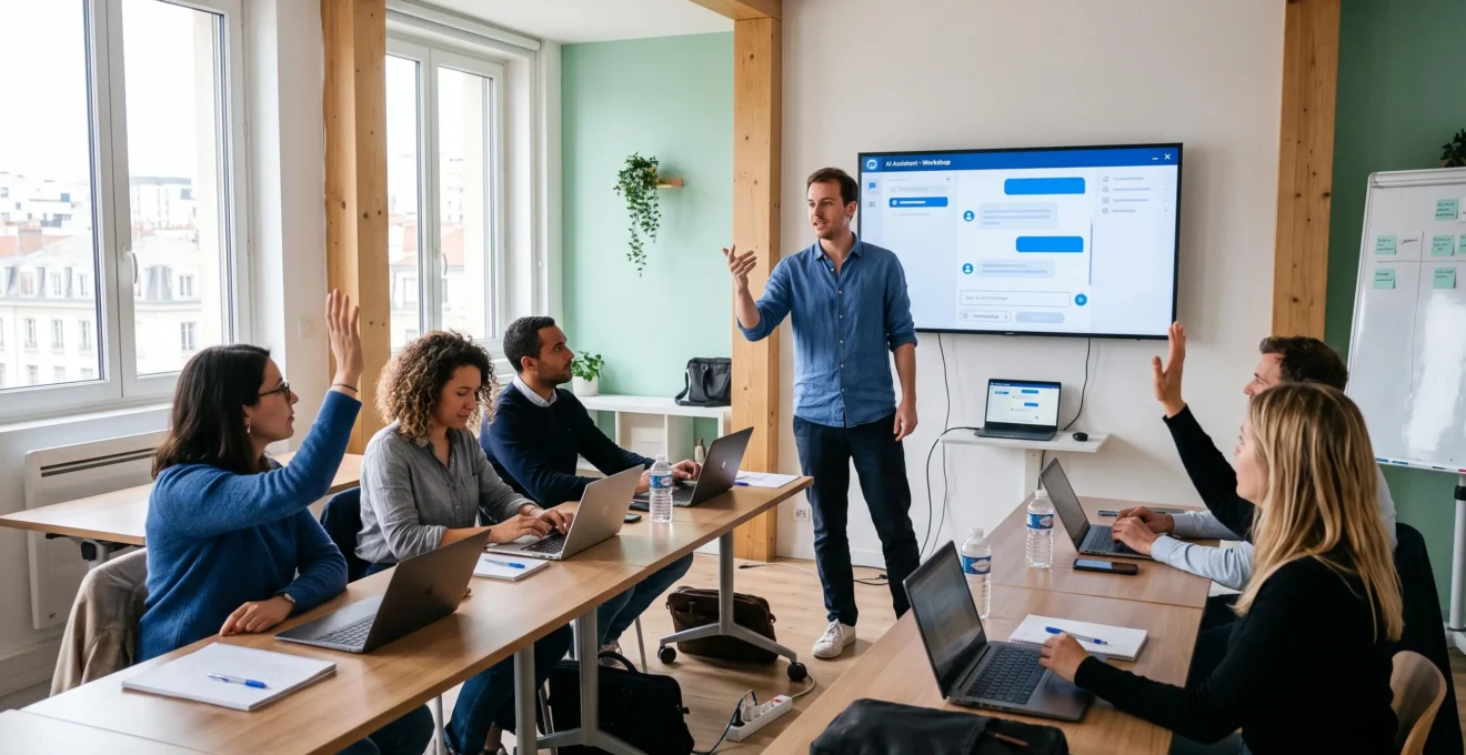 Un formateur debout présente une interface de chat IA à des participants assis devant leurs ordinateurs portables lors d'un atelier de formation.