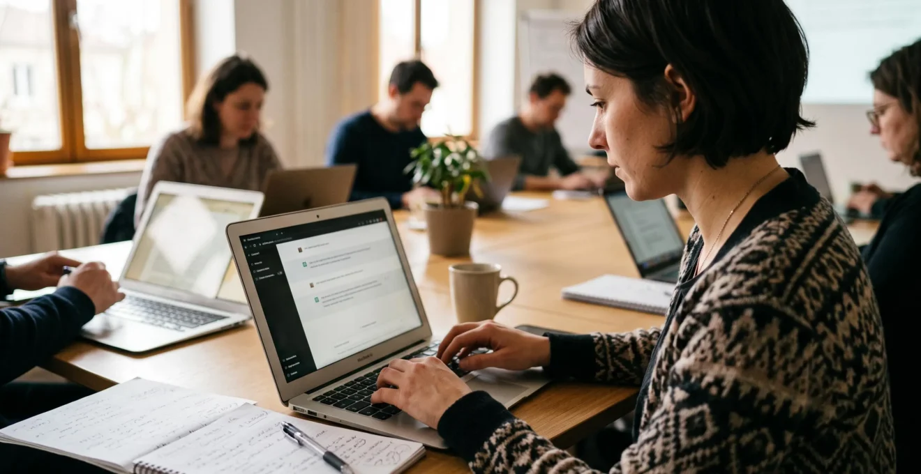 Gros plan sur les mains d'une personne tapant au clavier d'un ordinateur portable affichant une interface conversationnelle, un carnet de notes ouvert à côté.